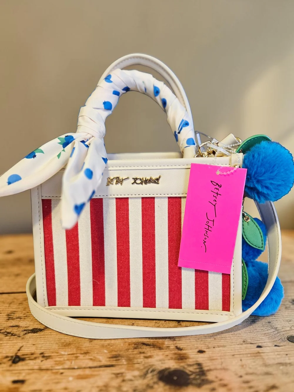 NEW Betsey Johnson Red Stripes Satchel Bag With Blueberries Bag Charm And Scarf - Picture 2 of 5
